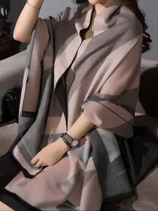 Women's Colorblock Print Long Scarf, Casual Soft Warm Boho Style Shawl for Fall & Winter, Modern Fashion Accessories for Daily Wear