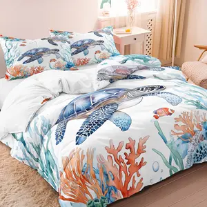 3pcs Set Tropical Coral Reef Turtle Duvet Cover, Vivid Underwater Scenery Theme Bedding Set with Marine Elements, Perfect for Summer Beach Bedroom, Youth Dorm, Resort Hotel & Home Daily Use (1 Duvet Cover + 2 Pillowcases, No Comforter, No Pillow)