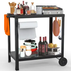 32x20 Inch Double-Shelf Grill Table, Outdoor Grill Cart for Blackstone Griddle, Movable Pizza Oven Stand, Patio Food Prep Table for Outdoor Cooking & Party