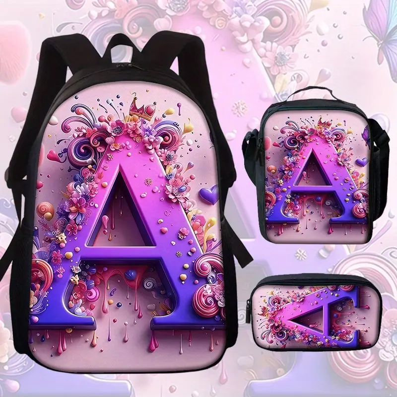 Pink Gradient Initial A-O 3PCS Backpack Set, Durable 600D Oxford Cloth School Bag with Lunch Box & Pencil Case Combo, Adjustable Breathable Strap, Fits 15in Laptop for Kids Teens School Travel Outdoor