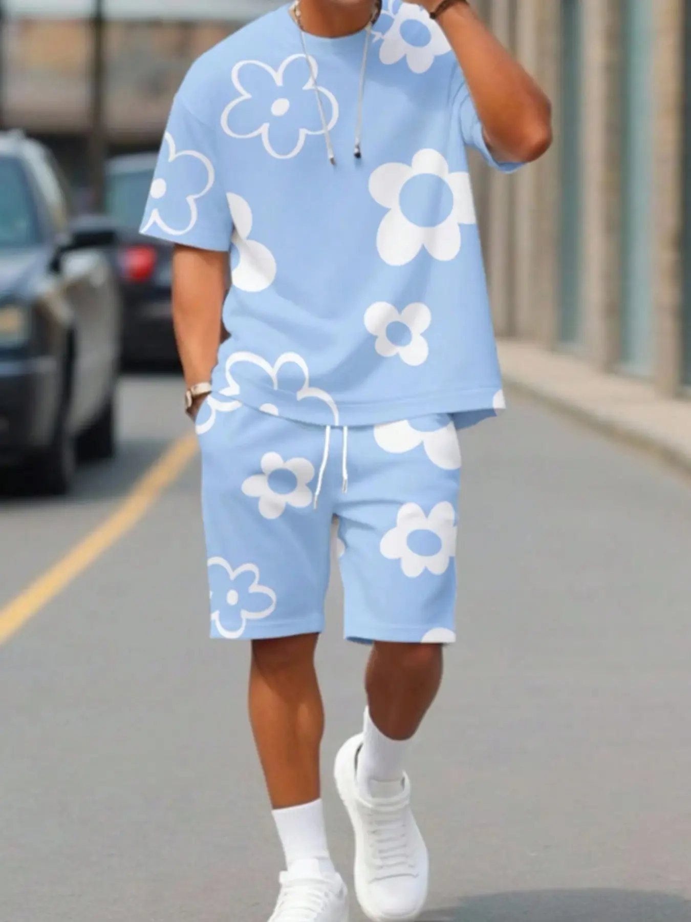 Men's 3D Printed Floral Short Sleeve Top and Shorts Matching Two-Piece Set, Fitted Outfit Sets, Style Set, Co Ord Set, Casual Fitted Design, All over Print, Summer Fashion, Menswear