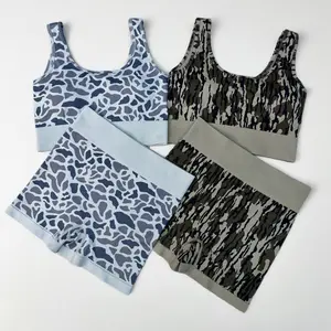 Camo Women'S Sports Bra and shorts Two Piece Knitted Active Set Fit