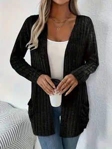 Women's Long Sleeve Loose Knit Cardigan with Pockets, Comfortable Front Open Coat, Casual Wear, Knitwear, Perfect for Daily, Everyday