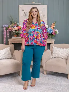 Mix & Match Floral Prints Border Balloon Sleeve Top | S-L Diva Stretch