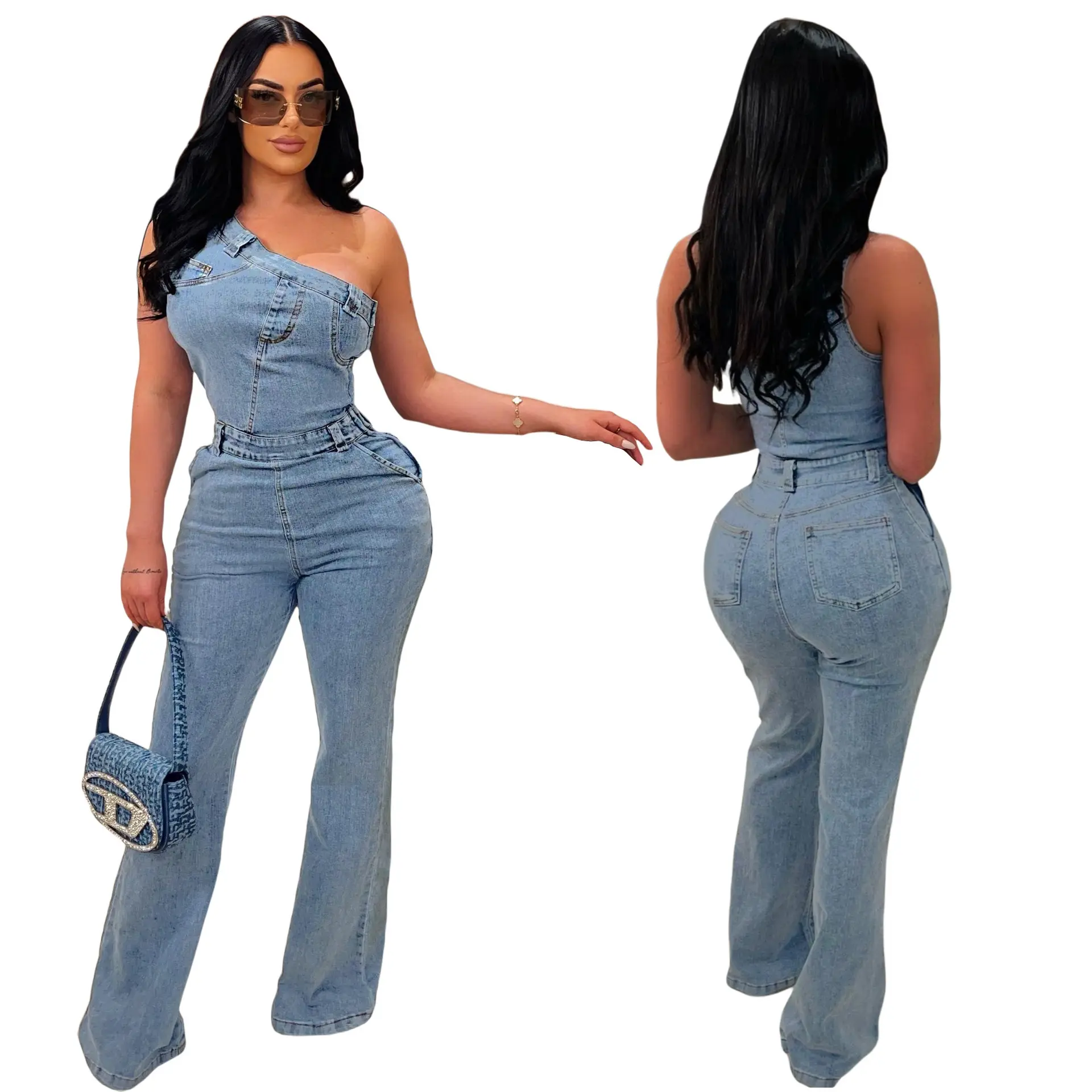 Women's Stretch Denim Jumpsuit, Casual Sleeveless Design with an Asymmetrical Shoulder, Comfortable Slim Fit and Flared Bell Bottoms, Flared Jumpsuit, Overalls, Style, Plus Sizes, Lady, Flared Legs, Flexible Fabric, Pants, Solid Plain, Below The Ankle, Ve