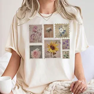 Comfort Colors Vintage Flowers Stamp T-Shirt – Retro Postage Floral Wildflowers Design, Cottagecore Botanical Style, Streetwear Style Unisex Fits Cotton Comfort Casual Shirt With Soft Vintage Nature Aesthetic