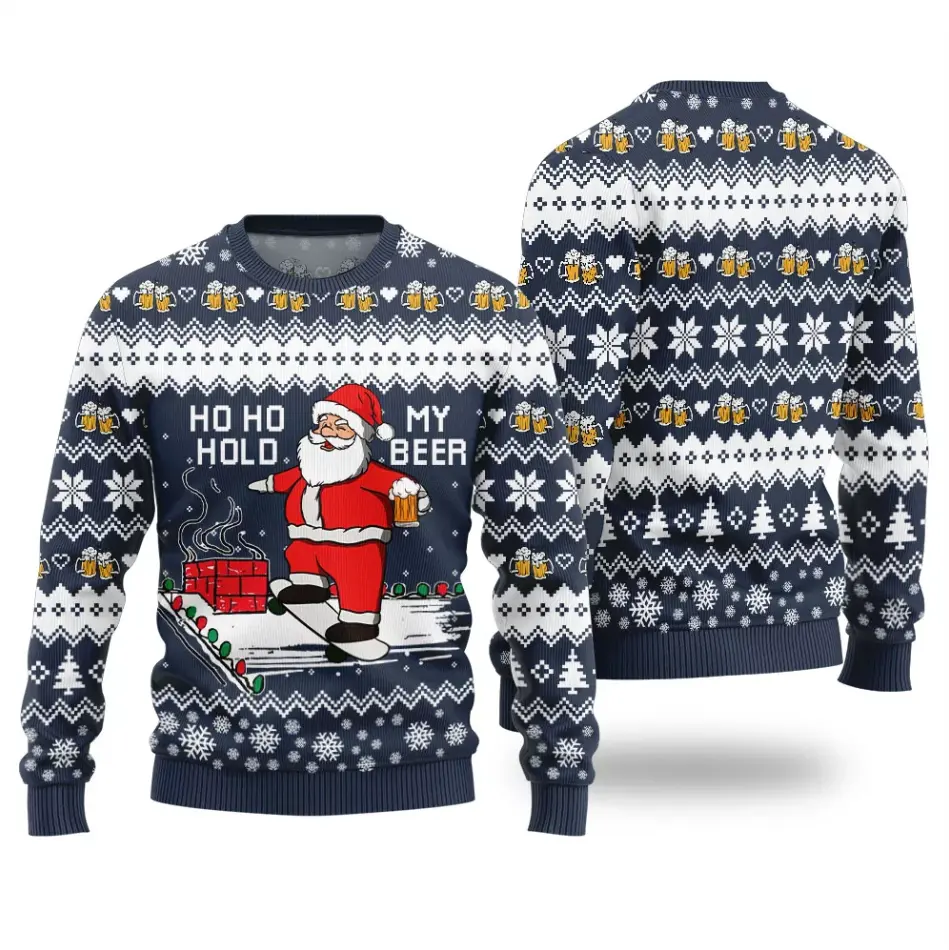 Funny Santa Christmas Sweater – “Ho Ho Hold My Beer” Ugly Holiday Knit Pullover | Hilarious Xmas Gift for Men & Party Outfit