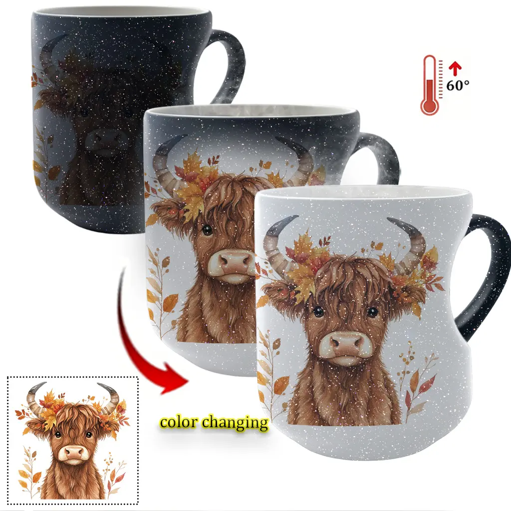 Autumnal Highland Cow Color-Changing Ceramic Mug, Ceramic Printed Drinkware - Heat-Activated, Thermosensitive, Heart Handle, 11 oz/330 ml, Coffee Mug, Ceramic Coffee Cup, Ceramic Coffee Mugs, Christmas Gift for Friends