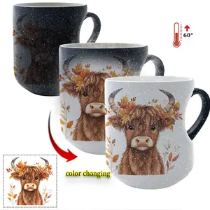 Autumnal Highland Cow Color-Changing Ceramic Mug, Ceramic Printed Drinkware - Heat-Activated, Thermosensitive, Heart Handle, 11 oz/330 ml, Coffee Mug, Christmas Gift for Friends