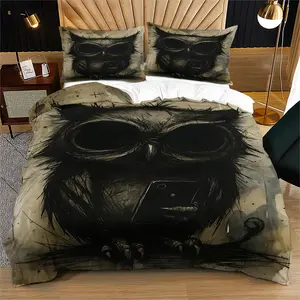 Retro and cool owl print bedding set, 2/3 piece set includes 1 zipper quilt cover and 1/2 pillowcases, trendy bedroom atmosphere