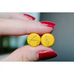 Dyed Yellow Howlite Stone Double-Flare Earrings - Light Polished Earring Jewelry with Polished Stones, Dyed Earrings