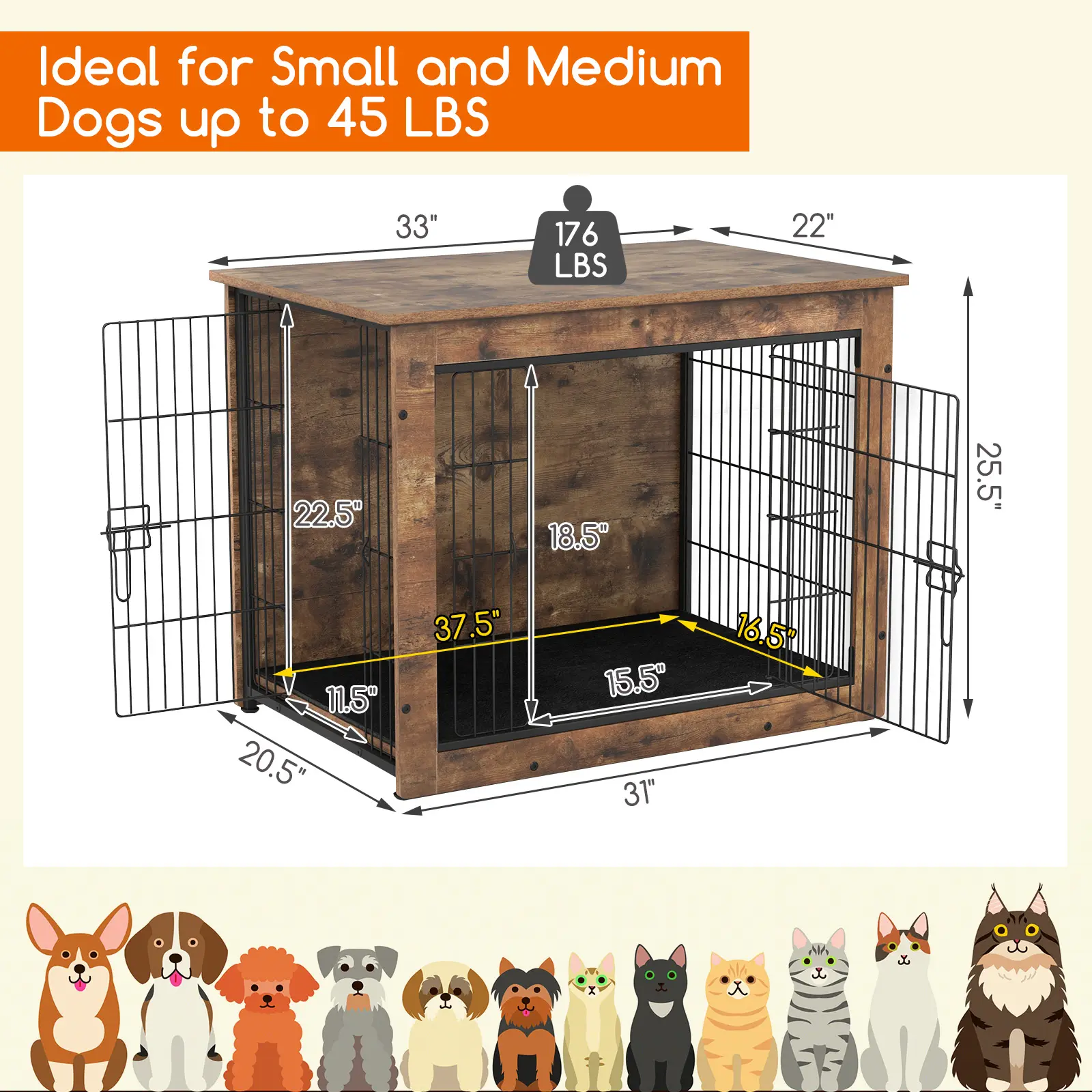 COSTWAY - Dog Crate Furniture with Cushion and Double Doors for Small/Medium Dogs-33 Inches