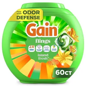 Gain Flings Liquid Washing Detergent pacs with Odor Defense + Color Guard, Island Fresh Scent, 4-In-1 Liquid Laundry Detergent Pods, Clean & Fresh, 60 Count