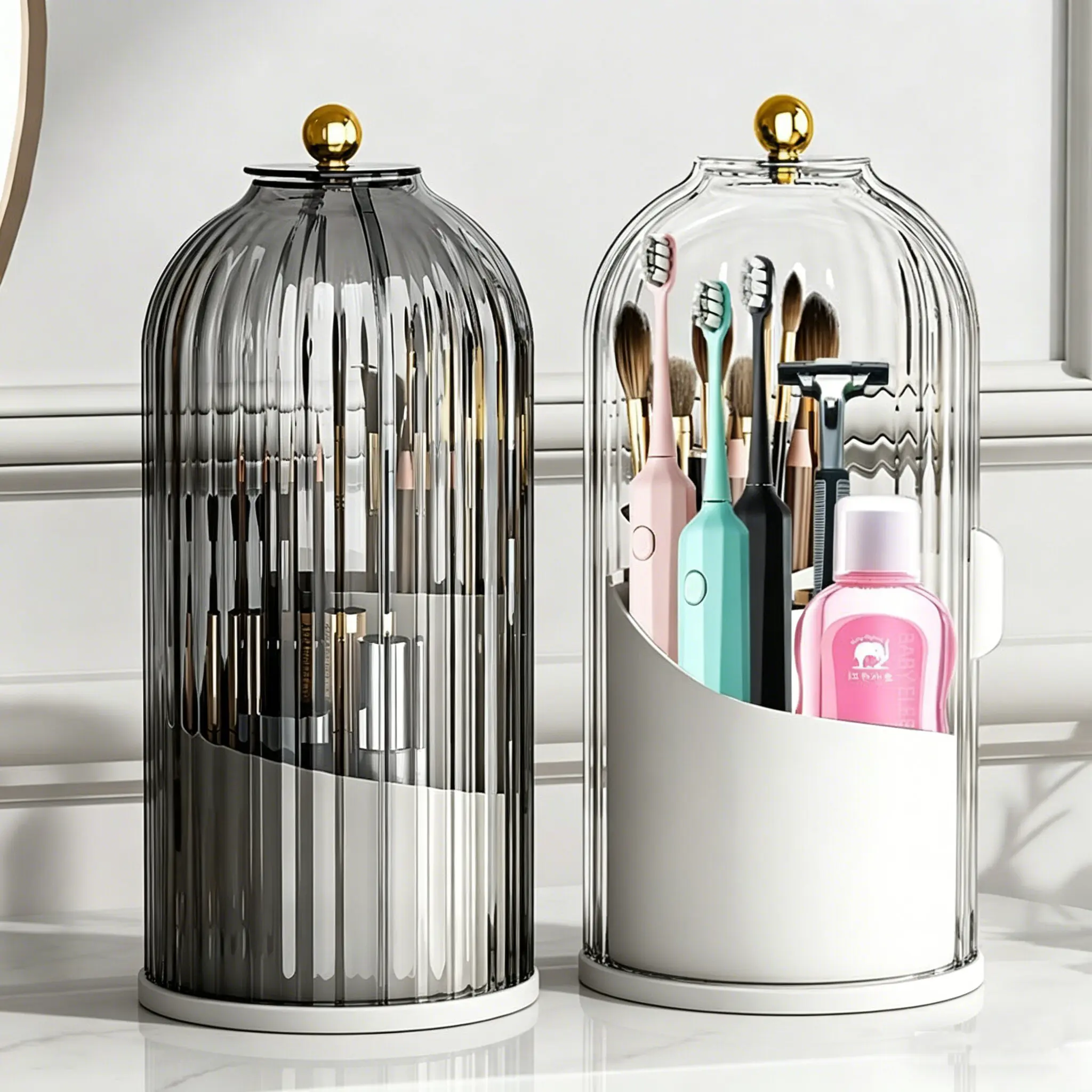 Makeup Organizer with Lid 360 Rotating Clear Dustproof  Boxes Vanity Desktop Bathroom Countertop vanity dresser Toothbrush Holder Spinning Brush Holder Gift Ideas Valentine 14th birthday gift Thanksgiving  Christmas gift