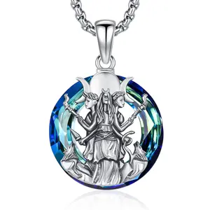DRINSPER Hecate Necklace 925 Sterling Silver Pendant with Crystal Round Hekate Necklace for Women, Goddess of Witchcraft & Moon, Devotion Jewelry fo Pagan