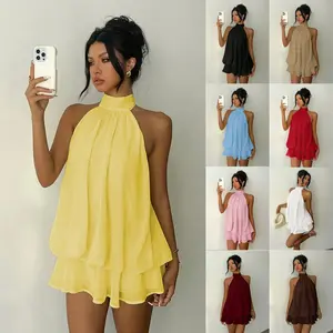 Plus-size women's resort-style slim-fit sexy backless halter neck waist-cinching top with puffy short skirt dress