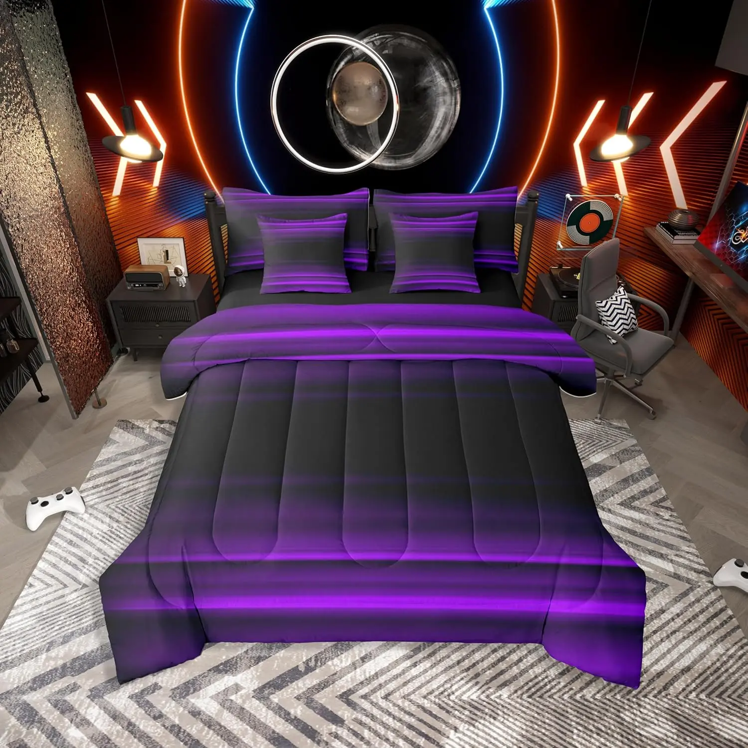 Purple Black 7 Piece Bedding Set,Ombre Comforter Set,Abstract Art Modern 3D Print Bed in A Bag,Teens Bed Sets,, Bed Sheets Set, Microfiber Bedding Set