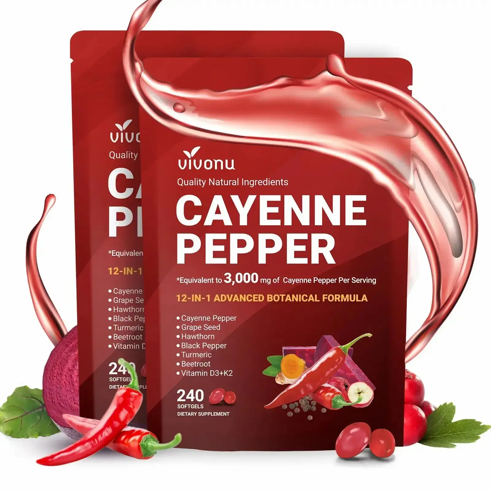Cayenne Pepper Softgels，with Vitamin E, D3, K2, Grape Seed, Hawthorn & Beetroot Extract，240 Softgels Per Bag
