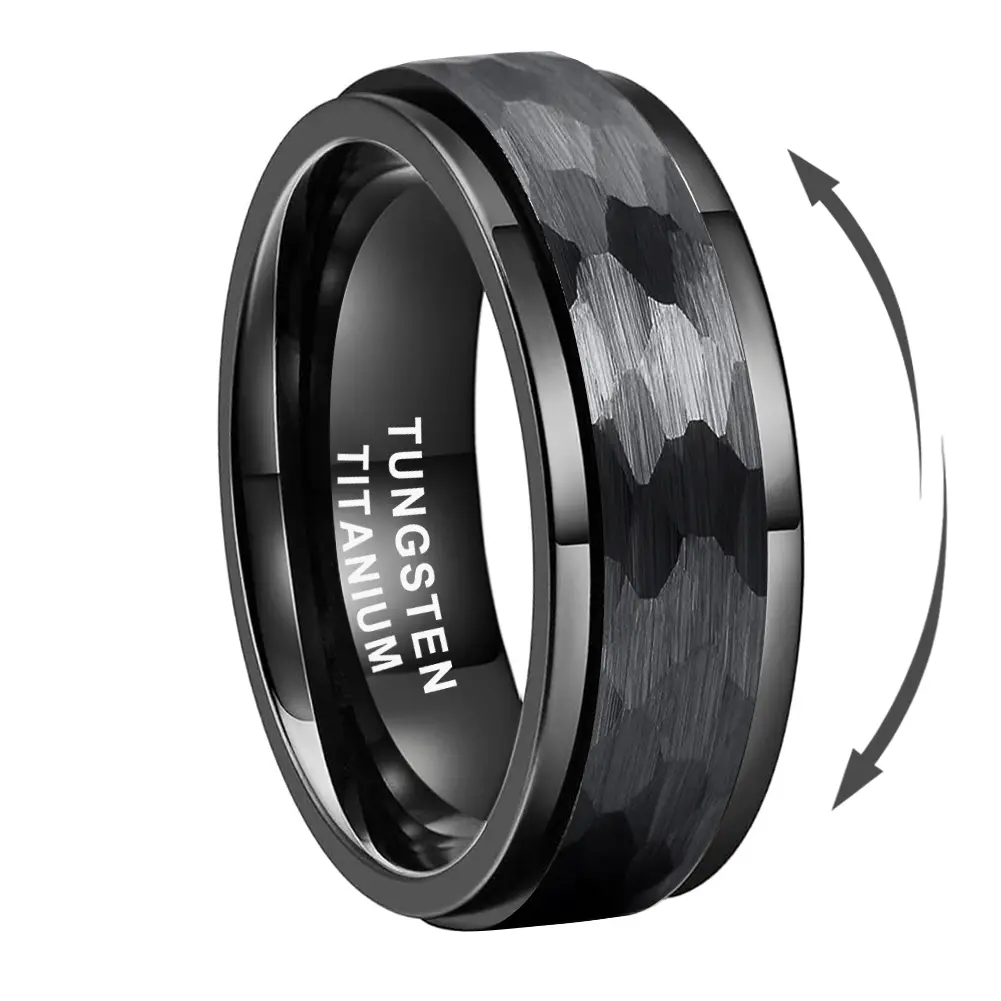 Yonifu Round Tungsten Carbide Spinner Ring for Men, 8mm Black Hammered Tungsten Band - Scratch-Resistant, Durable Comfort-Fit Beveled Edge, Rotatable Stress Relief Wedding Jewelry Gift for Him