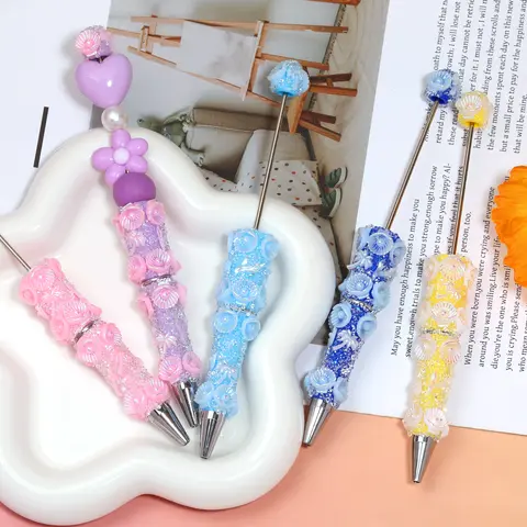 [P192] 5pcs New DIY Beadable Pen Kit - Adult Handcrafting Supplies, 10-Color Heart Style Pearl Accent Candy Ballpoint Pens with Plastic Beads for Beading & Jewelry Making