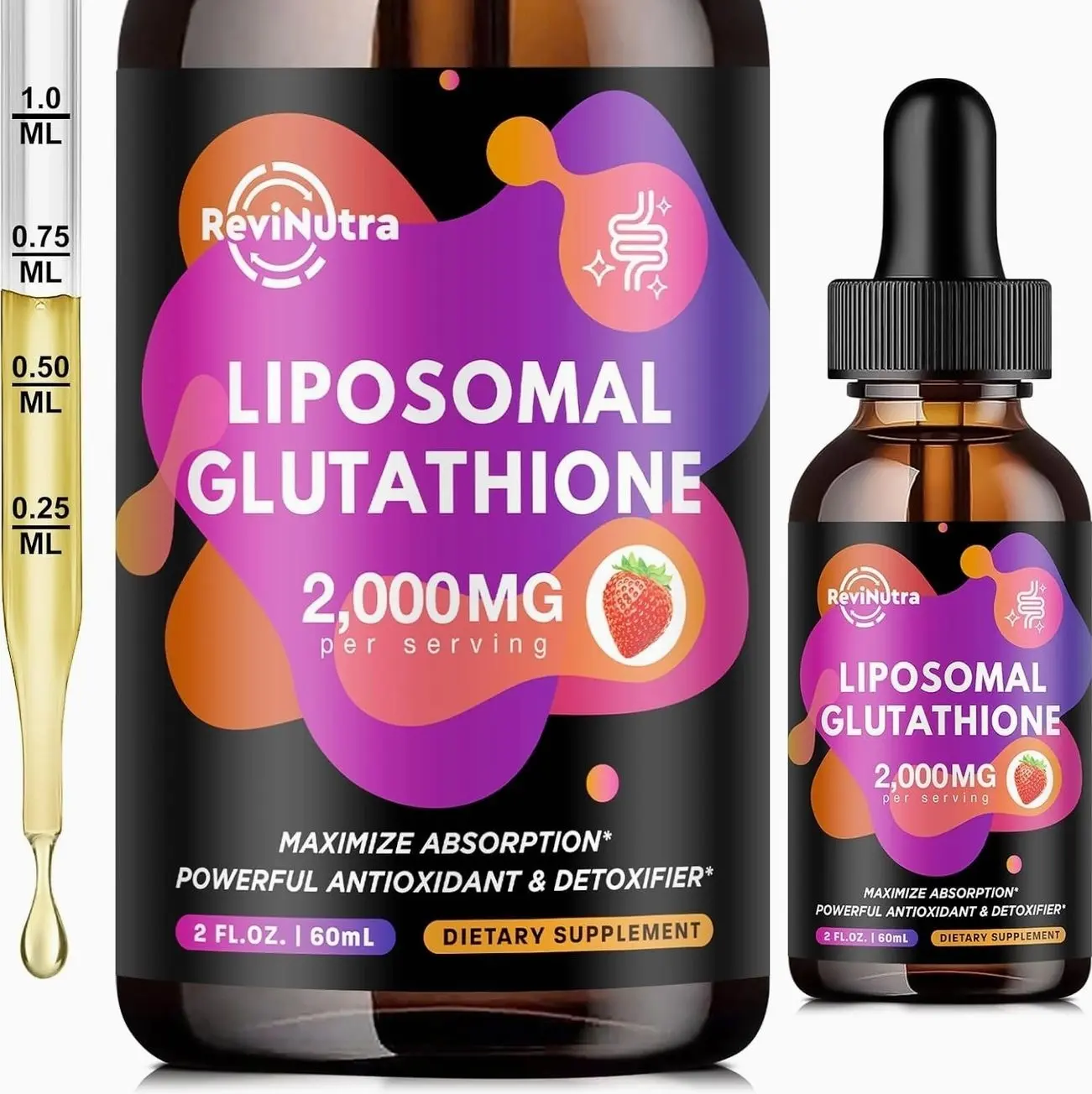 Liposomal Glutathione Supplement - 2000mg Glutathione Liquid Drops with Vitamin C, Curcumin & Trans-Resveratrol - Powerful Antioxidant for Immune, Skin Health & Liver Detox - Strawberry