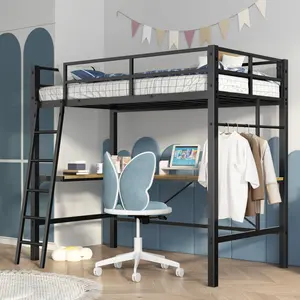 Twin Metal Loft Bed with L-Shaped Desk, Charging Station Loft Bed Frame Twin Size, Safety Guard & Ladder, No Box Spring Needed, Black