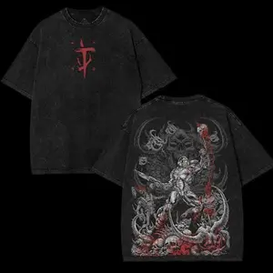Vintage Washed Doom Slayer Graphic T Shirt Oversized Heavyweight Cotton Double Sided Print Streetwear Tee for Men Women Casual Summer Short Sleeve Tops for Gaming Fans Daily Wear Street Fashion Gift