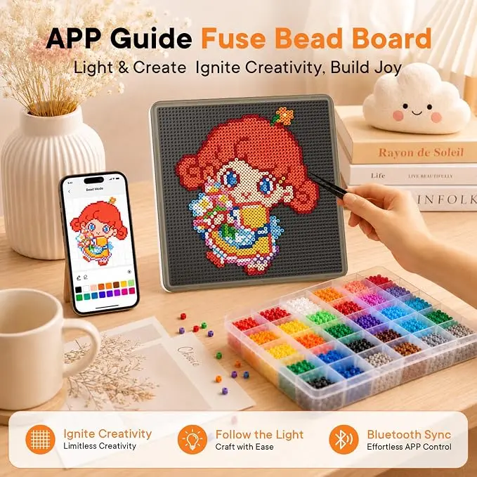2.6mm Plastic Fuse Beads Kit | 3D Pixel Puzzle DIY Craft Beads Set, Smart LED Bead Art Board with App Patterns, Kids DIY Craft Toys Starter Birthday Gift Set,Photo to Pattern Melty Beads Peg Boards,Craft Projects for Adults and Children(52 x 52 Pegs)