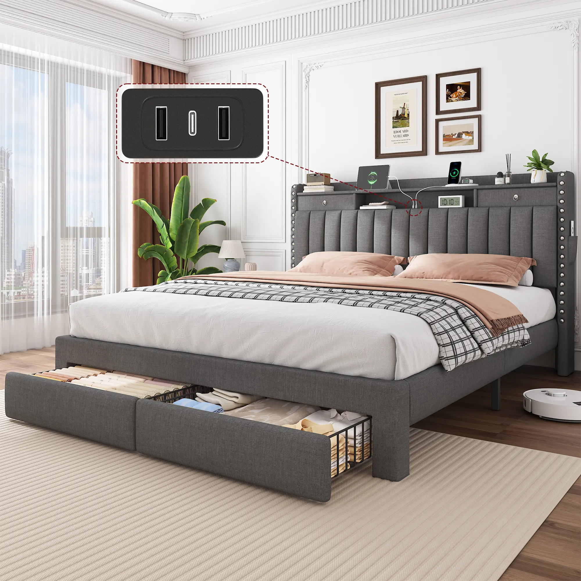 Trylazy Bed Frame with 2 Storage Drawers - Fabric Upholstered Headboard with Charing Station & Storage Drawers, Heavy-Duty Slats, Noise-Free, No Box SpringNeeded, No Mattress, Easy Assembly, Queen Full King Size