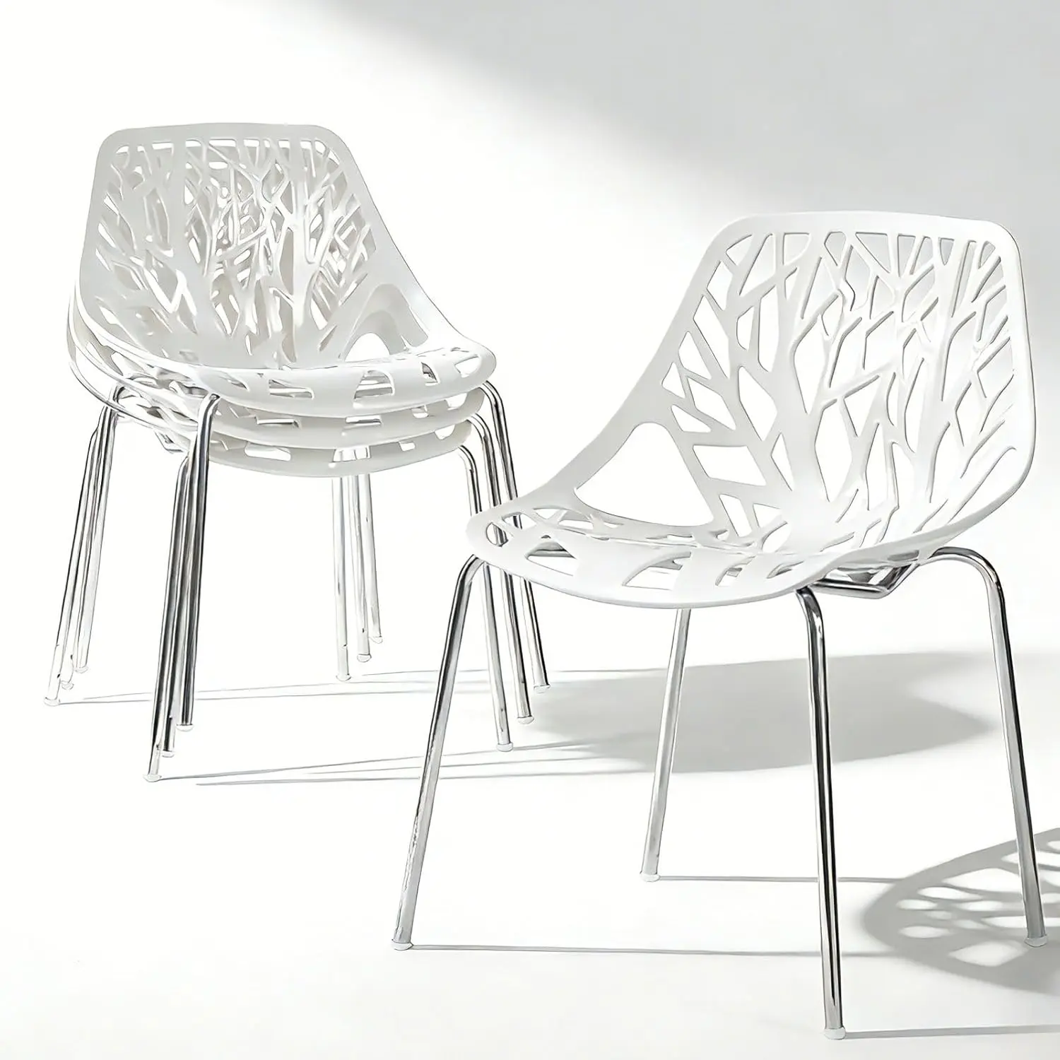 Karl Home 4-Pack Mid-Century Modern Armless Dining Chairs - Stackable Plastic Chairs with Bird’s Nest Trunk Print, 350lbs Load Capacity, White, Assembly Required, for Kitchen Get-Togethers