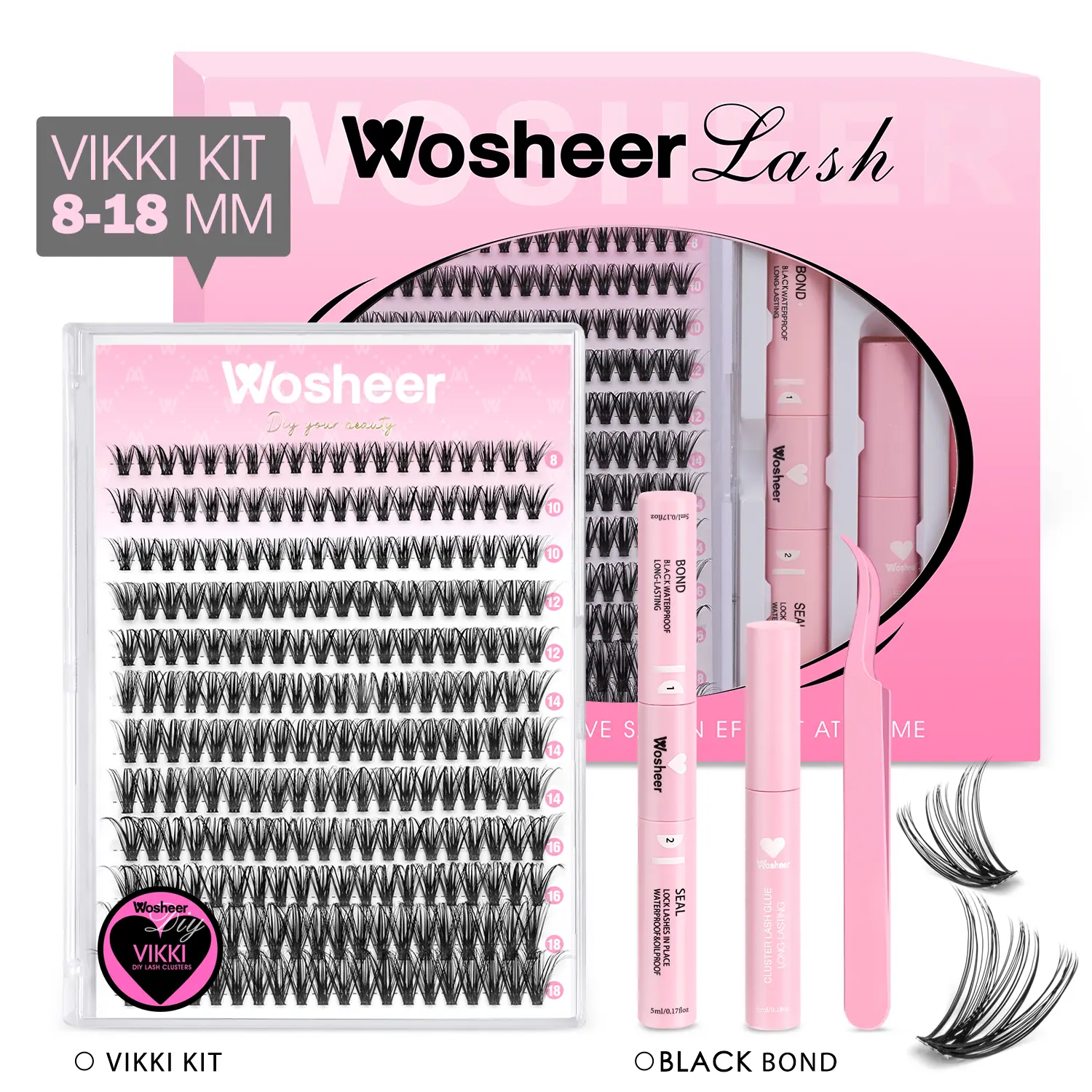 Wosheer Natural Lash Clusters Vikki Kit Joymeet Kit US STOCKING 0.03mm Ultra-thin Invisible Lash Band Volume Soft Wispy Beginner Friendly Waterproof Lash bond For Girls Beauty Makeup At Home Eyelashes Cosmetic