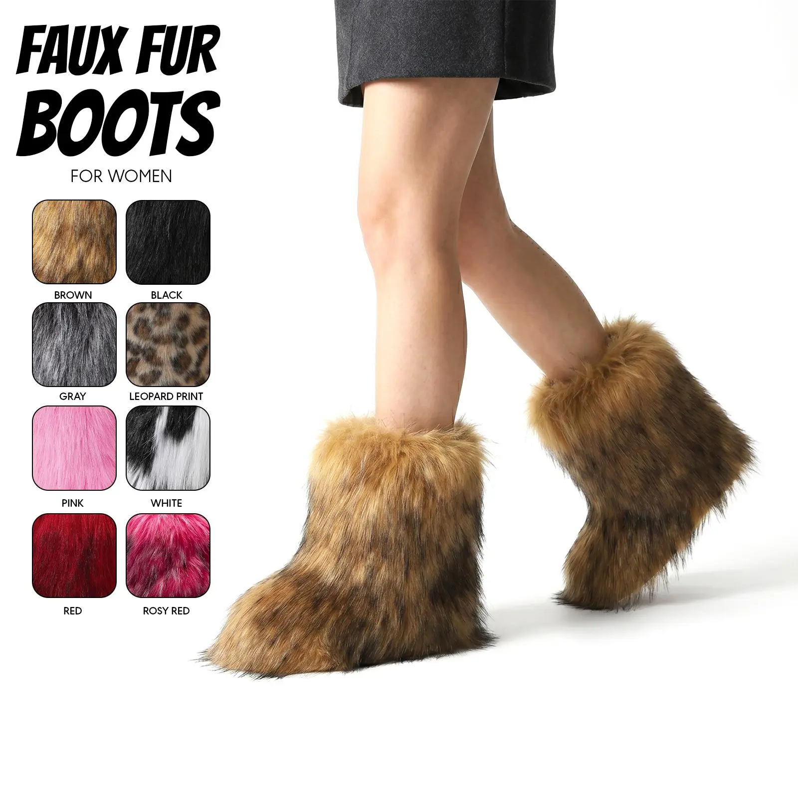 Fur Boots For Women Furry Fluffy Winter Boots Snow Boot Round Toe Comfy Plush Flat Slip on Boot Warm Indoor Outdoor Mid Calf Fashion Booties Gifts Shoes for Women Chilly Day Fur Boots y2k Furry boots