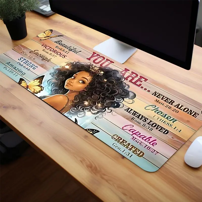 Cute Girl & Butterfly Pattern Large Gaming Mouse Pad, 1 Count Non-slip Rubber Base & Stitched Edge Desk Pad for PC Laptop, Computer Keyboard Mouse Mat for Women, Office Desk Accessories, Mousepad, Desktop Accessory, Made for Gaming