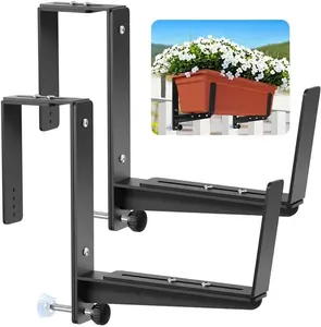 Window Box Brackets, Adjustable Planter Box Brackets, Heavy Duty Iron Flower Box Brackets for Railings, with Enhanced Bottom Support - Perfect for Balconies, Fences, and Gardens (Black, 2 Pack)