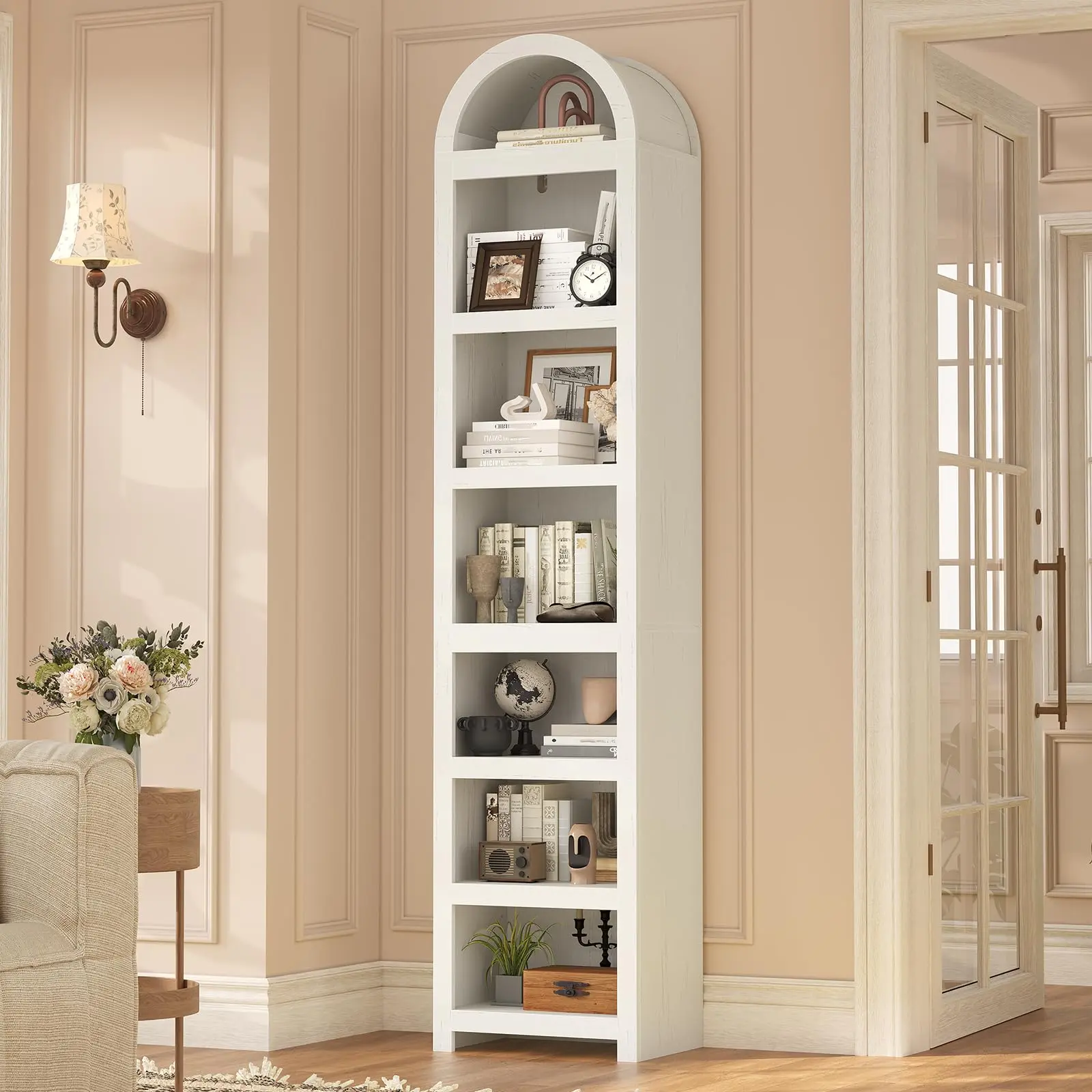 76" Tall Narrow Arched Bookshelf, 7-Tier Modern Bookshelf, Space-Saving Slim Storage Cabinet with Adjustable Shelves for Living Room,Kitchen,Home Office, White