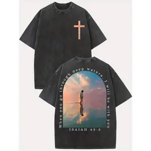 Cross and Isaiah scripture pattern design 230g washed cotton T-shirt, vintage street style double-sided printed pattern men's T-shirt, summer distressed drop-shoulder style, y2k, vintage, street style, Christmas style heavy cotton T-shirt