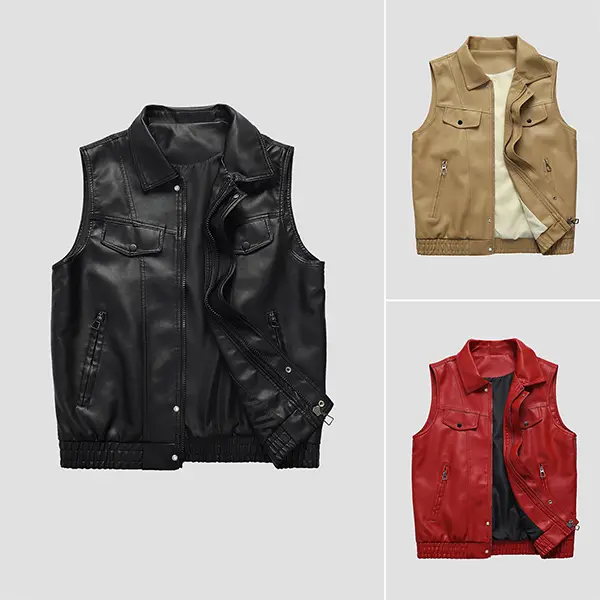 Men’s regular-fit leather vest with a turn-down collar, smooth PU fabric, multiple storage pockets at the hem, and elastic edging; suitable for autumn motorcycle-style outfits and everyday outings; available in three color options: black, khaki, and red.