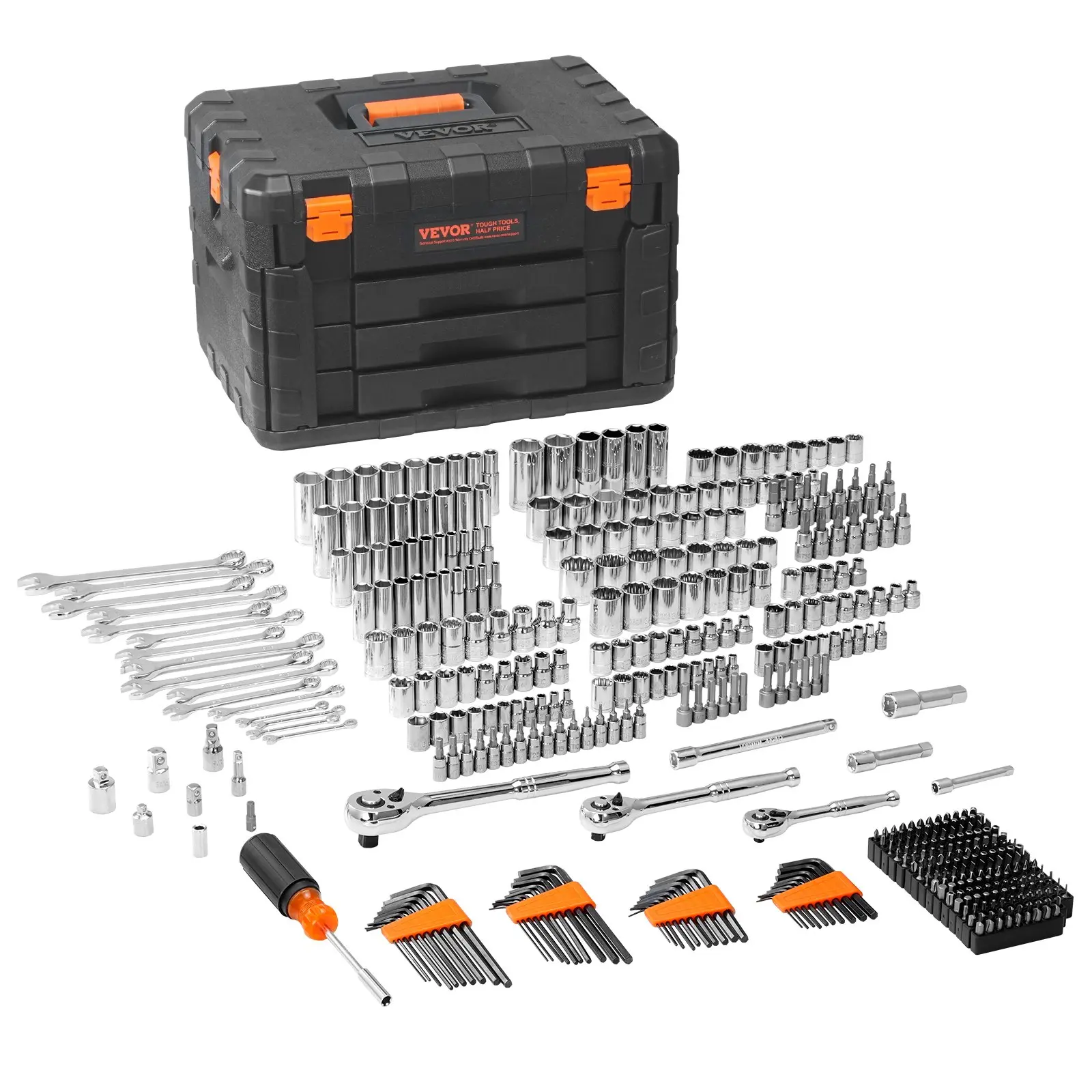 Vevor Mechanics Tool Set and Socket Set, 1/4" 3/8" 1/2" Drive Deep and Standard Sockets, SAE and Metric Mechanic Tool Kit with Bits, Hex Wrenches, Combination Wrench, Accessories, Storage Case