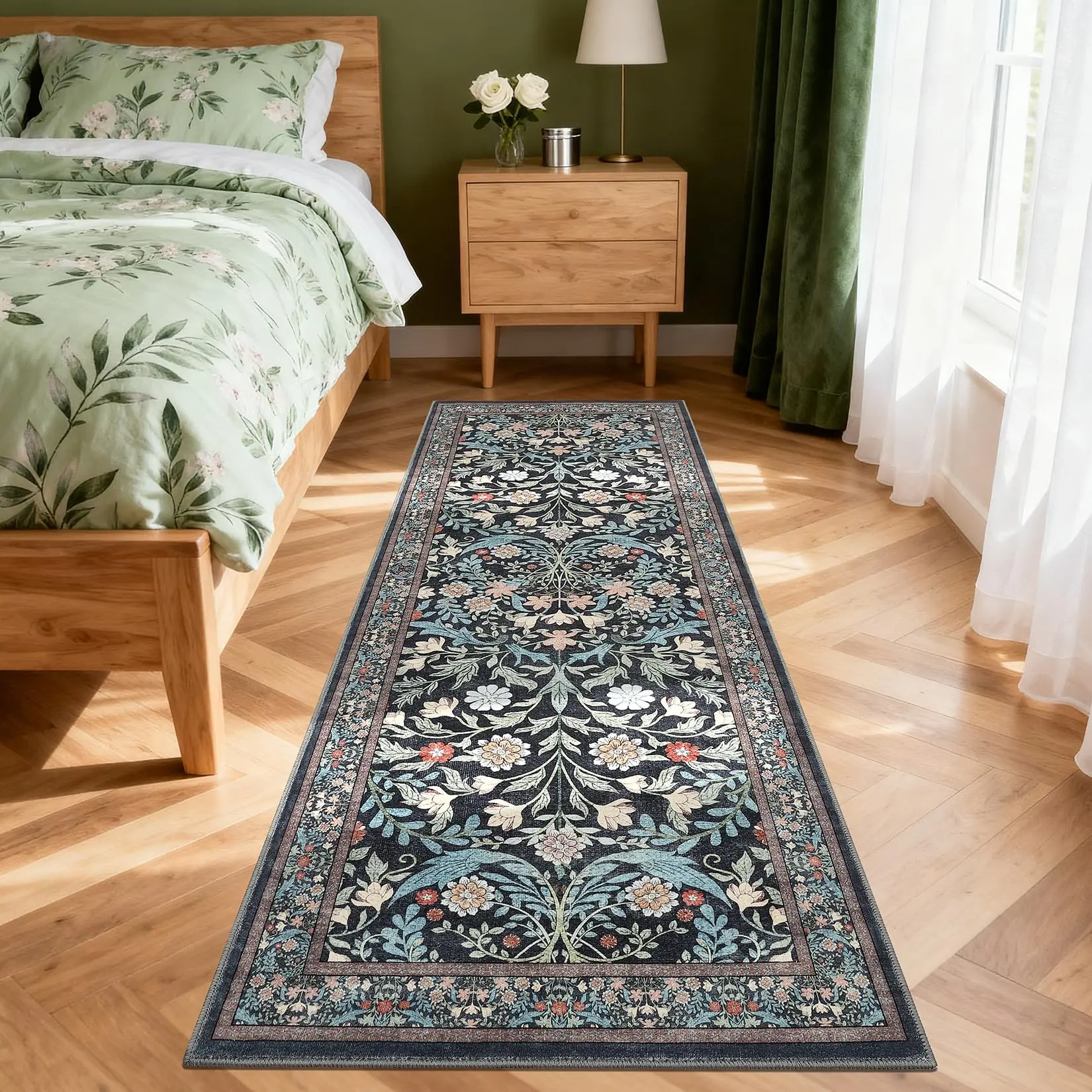Floral Washable Runners for Hallways 2x6 Non Slip, Boho Flower Entryway Runner Rug, Indoor Ultra-Thin Soft Floor Carpet Runners for Kitchen Laundry Bath Room Entrance (Black)