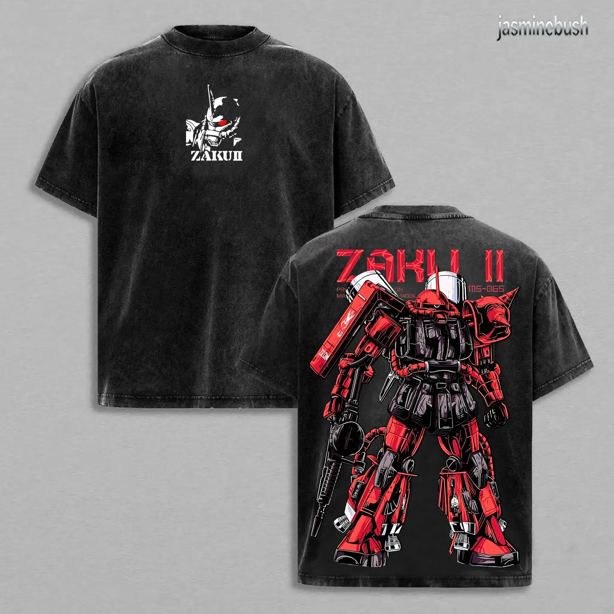 Gundam Zaku II MS-065 Mineral Washed Heavy Cotton T-Shirt Double Sided Anime Graphic Tee Men Women, Round Neck Summer Casual Wear Machine Washable Top Y2K 2D Art Black White Mecha Streetwear Japanese Manga Otaku Everyday Essential Apparel Gifts 2026 USA!