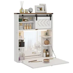 Floating Vanity Desk with Mirror and Lights Small Wall Mounted Makeup Set with Storage White Farmhouse Dressing Table for Tiny Space IF148/