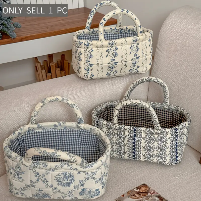 Farmhouse-Style Blue And White Floral Storage Basket with Handles, French Vine Print Quilted Fabric Handheld Basket, Large Capacity Household Organizer Bag, Home Decor Organiser, Seasonal Multi-Use, Decorative Storage Basket, Decorative Baskets