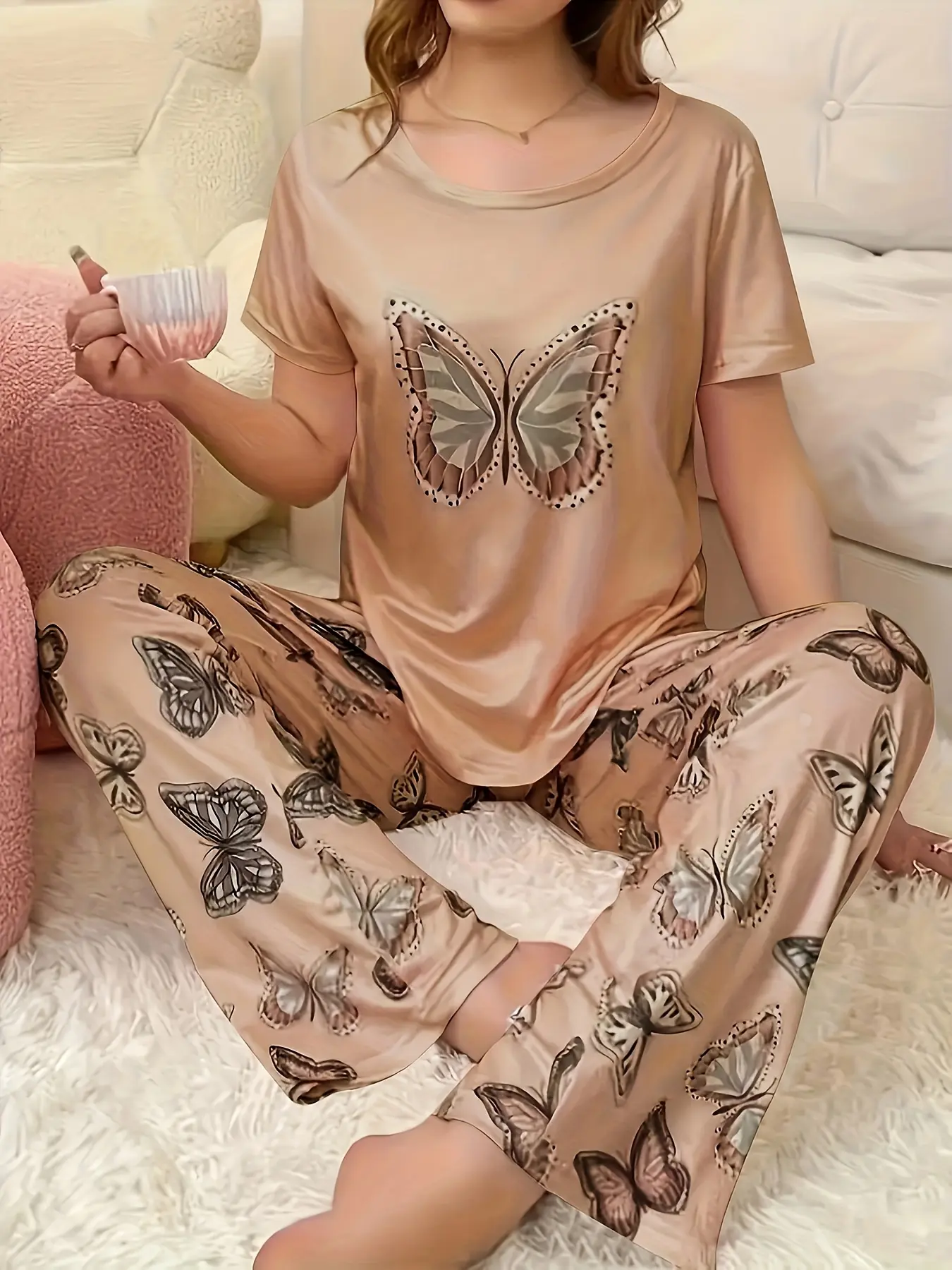 Women Nude Butterfly Print Pajama Set, Crew Neck Short Sleeve Butterfly Graphic Top & All Over Print Long Pants, Soft Lightweight Summer Loungewear, Casual Stretch Cozy Sleepwear, Cute Ladies Daily Relax Home Pjs Outfit