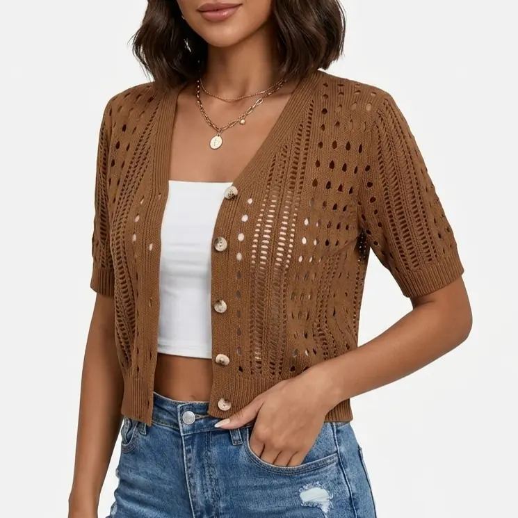 Womens Short Sleeve Crochet Summer Cardigan Cropped Button Sweater Lightweight Shrug for Dress Spring and Summer Fashion Short-Sleeve Cardigan Casual Knitwear