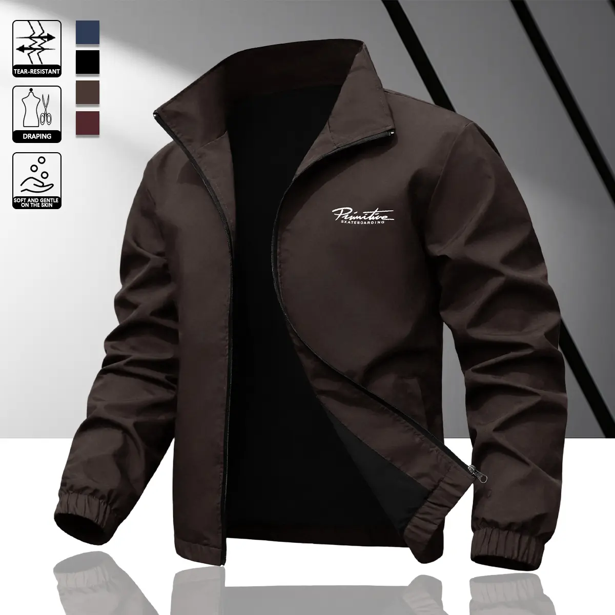 Men's casual and stylish stand-up collar jacket with letter print design. Made of lightweight, windproof fabric with a zipper. Suitable for everyday commuting, going out, or work. A trendy and versatile outerwear piece, perfect for spring and summer.
