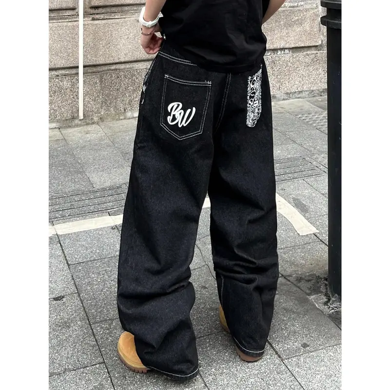 Graphic Baggy Jeans Y2K Wide Leg Denim Pants Vintage Loose Denim Jeans Long Trousers with Pocket Streetwear
