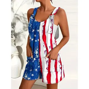 American Flag Print Overall Romper, Casual Pocket Front Independence Day Romper, Women's Clothing