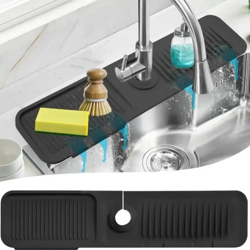 24-Inch Adjustable Silicone Kitchen Sink Faucet Mat, Splash-Proof Splatter Guard, Leak-Proof Draining Board & Water-Draining Protector for Behind Faucet Area, Grey Black, Leak-Proof Draining Boards