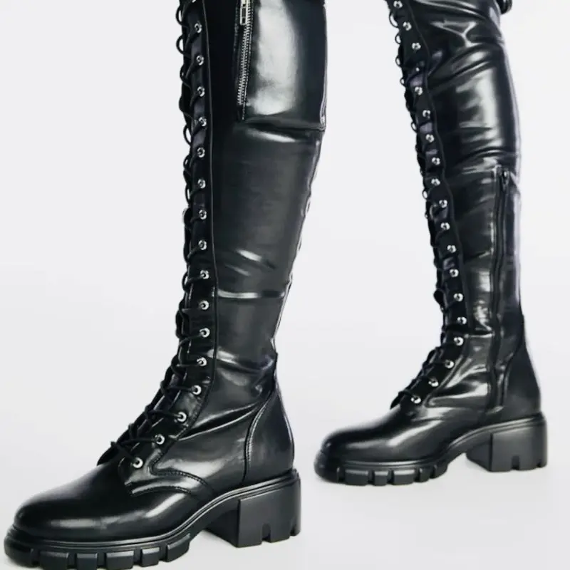 Black Platform Boots for Party - Black Leather with Pocket Detailing and Heel, Ideal for Girls and Women Size 9 Footwear Comfort Walking Shoes Stylish