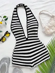Spring Summer Women's Womenswear New Fashion Comfortable Versatile Deep V Neck Halter Sleeveless Striped Tank Top Jumpsuit Shorts, Casual Beach Party Wear Elegance
